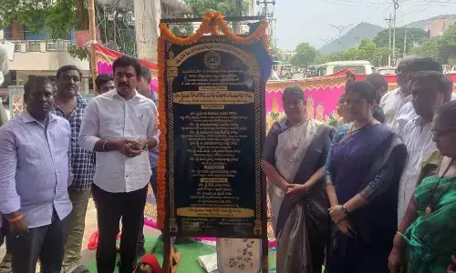 Mayor G Hari Venkata Kumari and north constituency coordinator K K Raju at the foundation stone laying ceremony in Visakhapatnam on Tuesday
