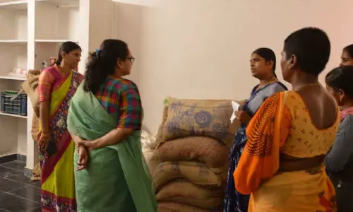 Kurnool district Collector Dr G Srijana inspecting rice stocks at AP Model High School in Kosigi on Tuesday