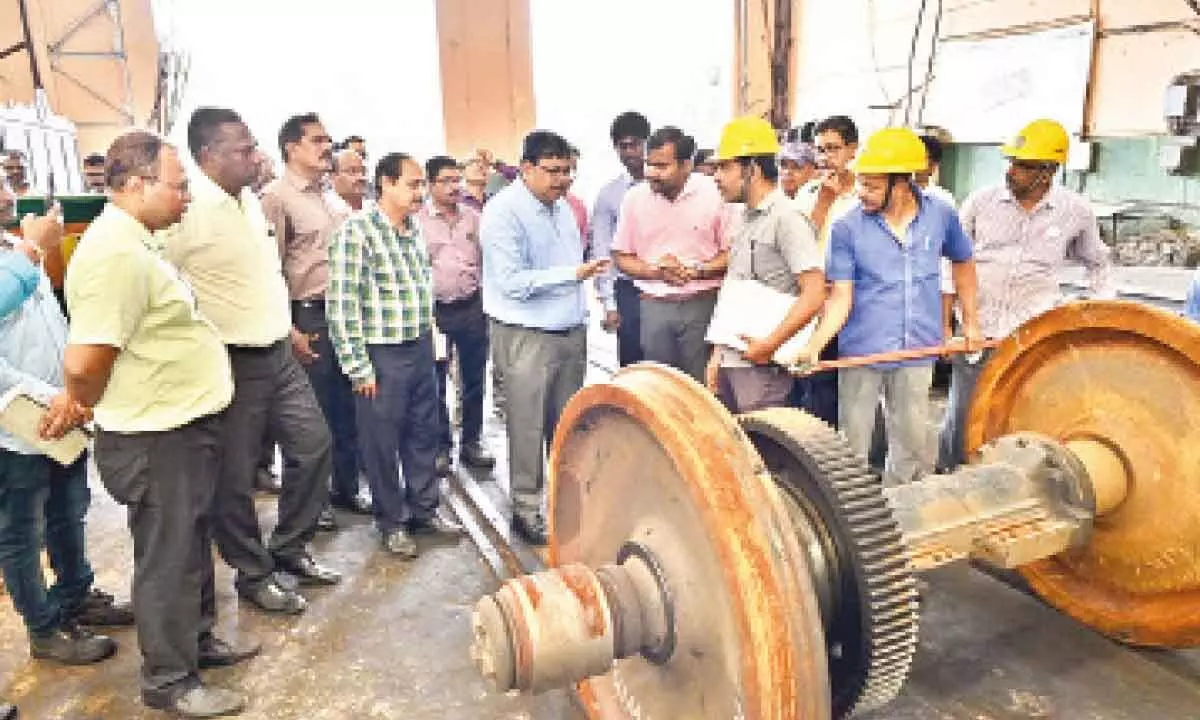 Divisional Railway Manager Saurab Prasad inspecting diesel loco shed in Visakhapatnam on Wednesday