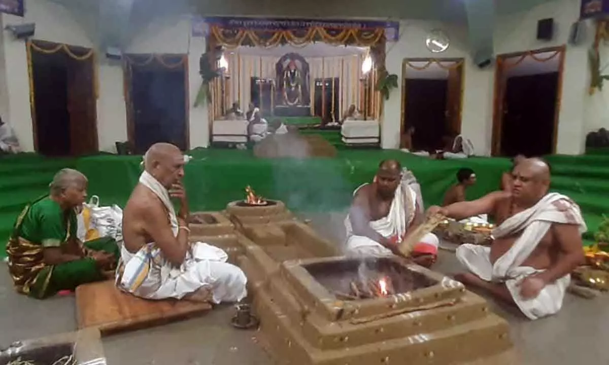 Ritwiks perform Kareeristi-Varunajapa-Parjanya Shanti Yagam at Dharmagiri Veda Vignana Peetham in Tirumala on Wednesday