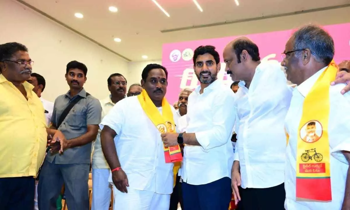 TDP national general secretary Nara Lokesh welcomes leaders and activsits from other parties who joined TDP at Gannavaram during his Yuva Galam padayatra on Wednesday. Newly-appointed in-charge of Gannavaram Assembly constituency Yarlagadda Venkata Rao (2nd from right) is also seen.