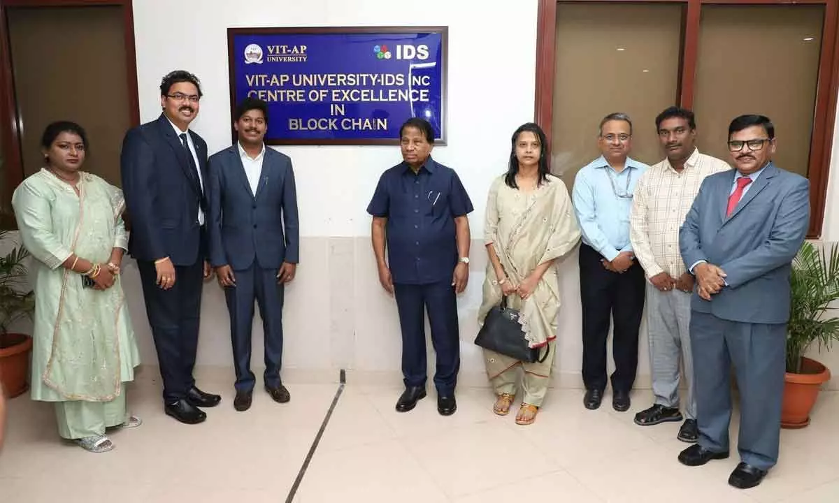 VIT-AP Chancellor Dr G Viswanathan and other dignitaries at the inauguration of Centre of Excellence on the campus in Inavolu on Wednesday