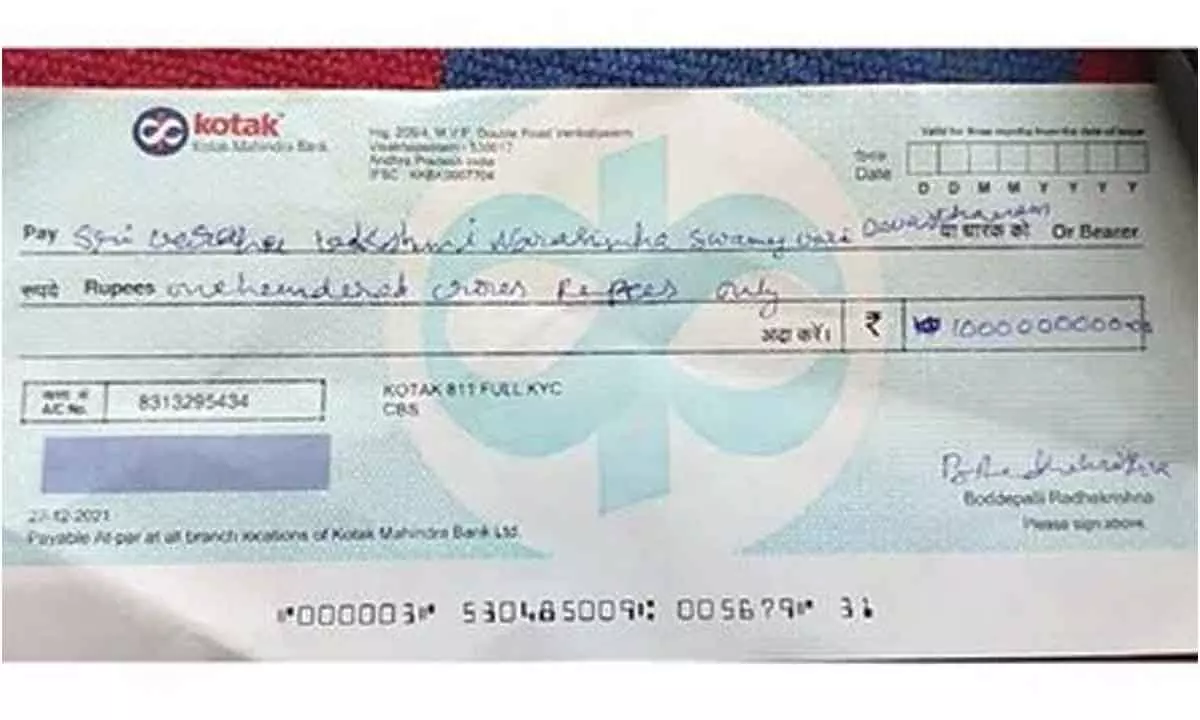 Visakhapatnam: With Rs 17 in A/c, devotee drops Rs 100 crore cheque in hundi
