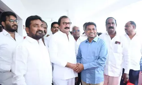 BRS party district unit chief Rega Kantha Rao welcoming former BJP district Koneru Satyanarayan in to BRS party on Wednesday at Kothagduem