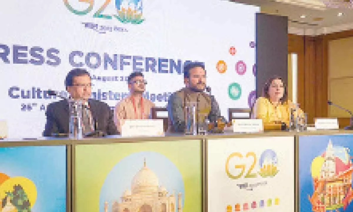 Union Minister for Culture G. Kishan Reddy with Union  Minister of State for Culture Meenakashi Lekhi addresses a press conference on the sidelines of the 4th G20 Culture Working Group Meeting, in Varanasi on Friday