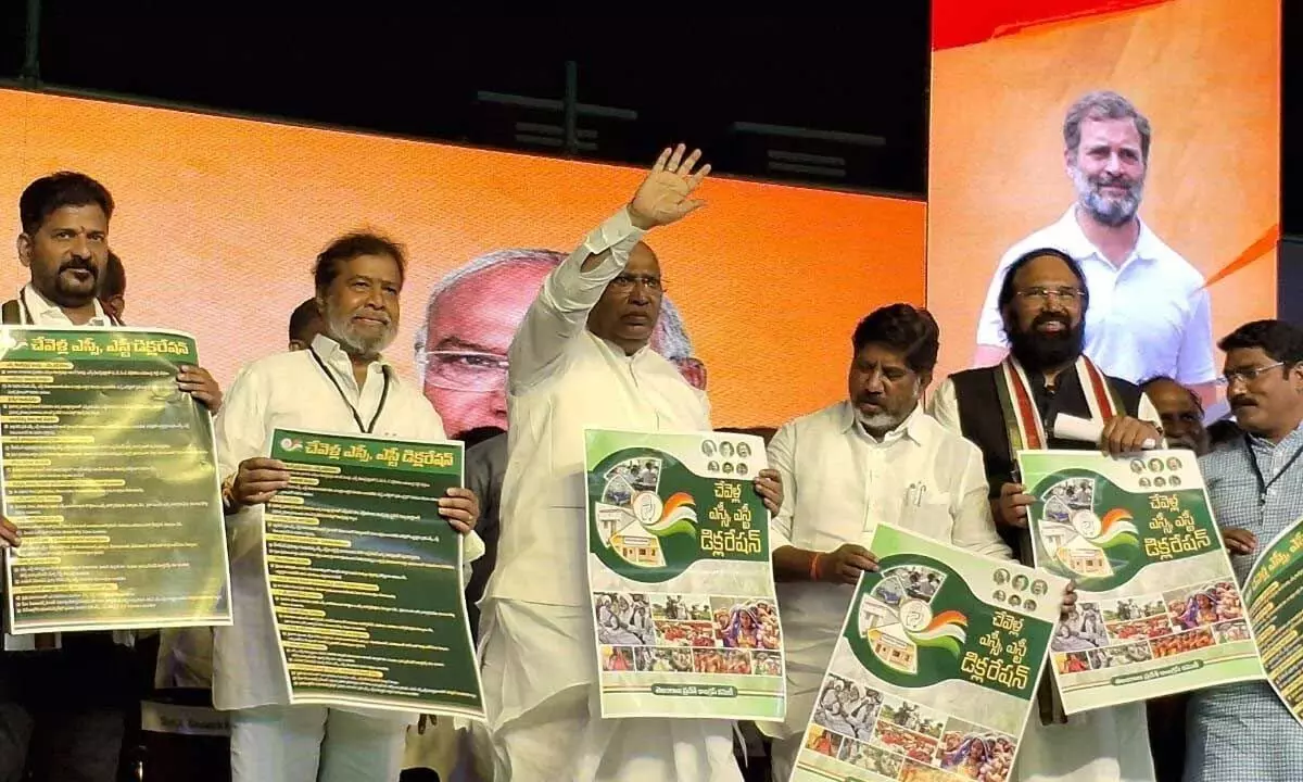 AICC chief Mallikarjun Kharge along with senior leaders unveiling the party’s SC, ST Declaration, at Chevalla public meeting near Hyderabad on Saturday