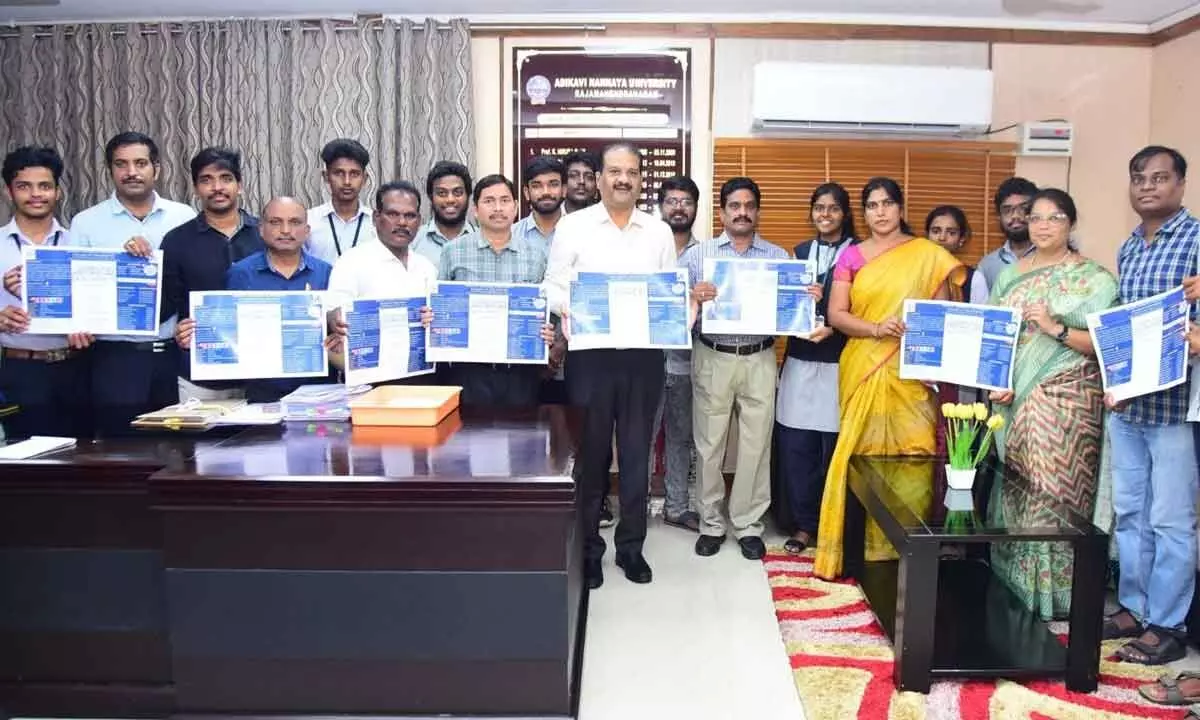 Vice-Chancellor of Adikavi Nannaya University (AKNU) Prof K Padma Raju unveils the brochure for ‘Advika-23’ tech fest at a programme held at the university on Saturday