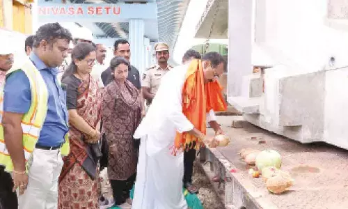 TTD Chairman Bhumana Karunakar Reddy performing puja for the last leg of Srinivasa Sethu works in Tirupati on Saturday