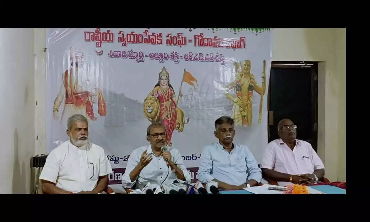 RSS leaders NL Rama Rao, Dr Karri Rama Reddy and others speaking at a press conference in Rajamahendravaram on Sunday
