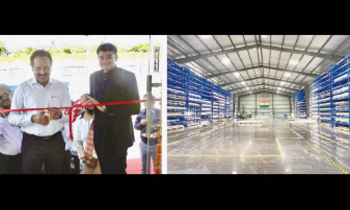 Dr S Somnath, Chairman, ISRO inaugurating the Val-met Engineering storage area. Stacked super Alloy bars & sheets can be seen on either side of the storage hanger. (File photo)