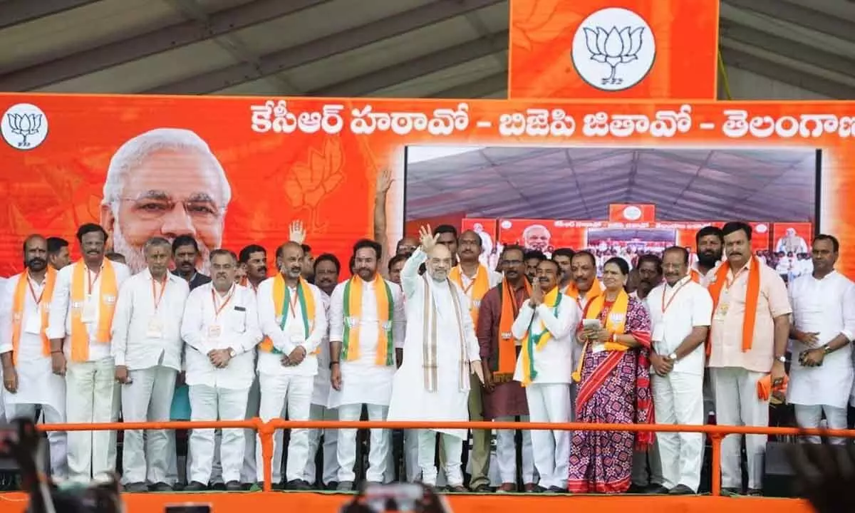 Union Home Minister Amit Shah along with top leaders of the BJP at the public meeting in Khammam.