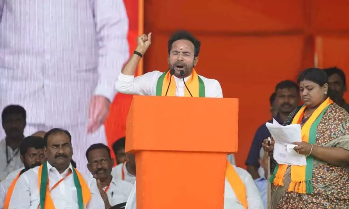 BJP State president G Kishan Reddy speaking at the public meeting held in Khammam on Sunday.