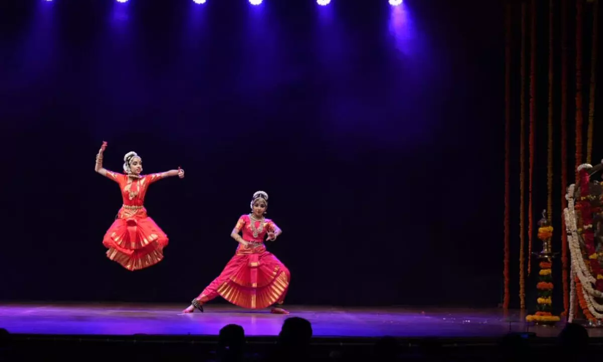 Annika and Srika presenting dance performance at Ravindra Bharathi in Hyderabad on Monday