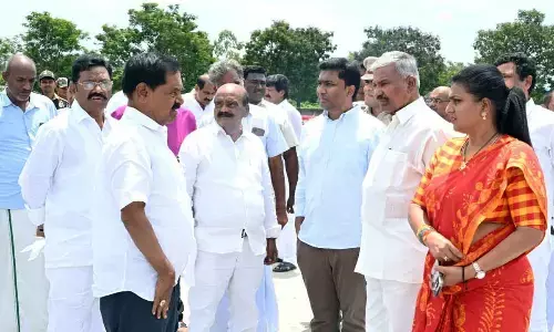 Deputy Chief Minister K Narayana Swamy, Ministers Peddireddi Ramachandra Reddy and R K Roja inspecting the arrangements for the CM visit in Nagari on Sunday