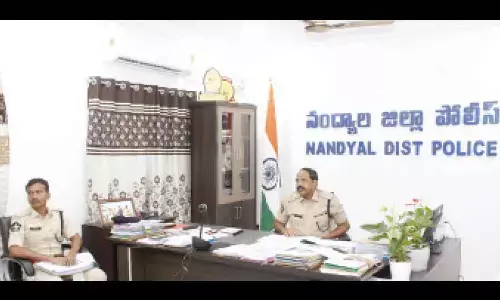 Superintendent of Police K Raghuveer Reddy conducting video conference with the police personnel in Nandyal district on Sunday.