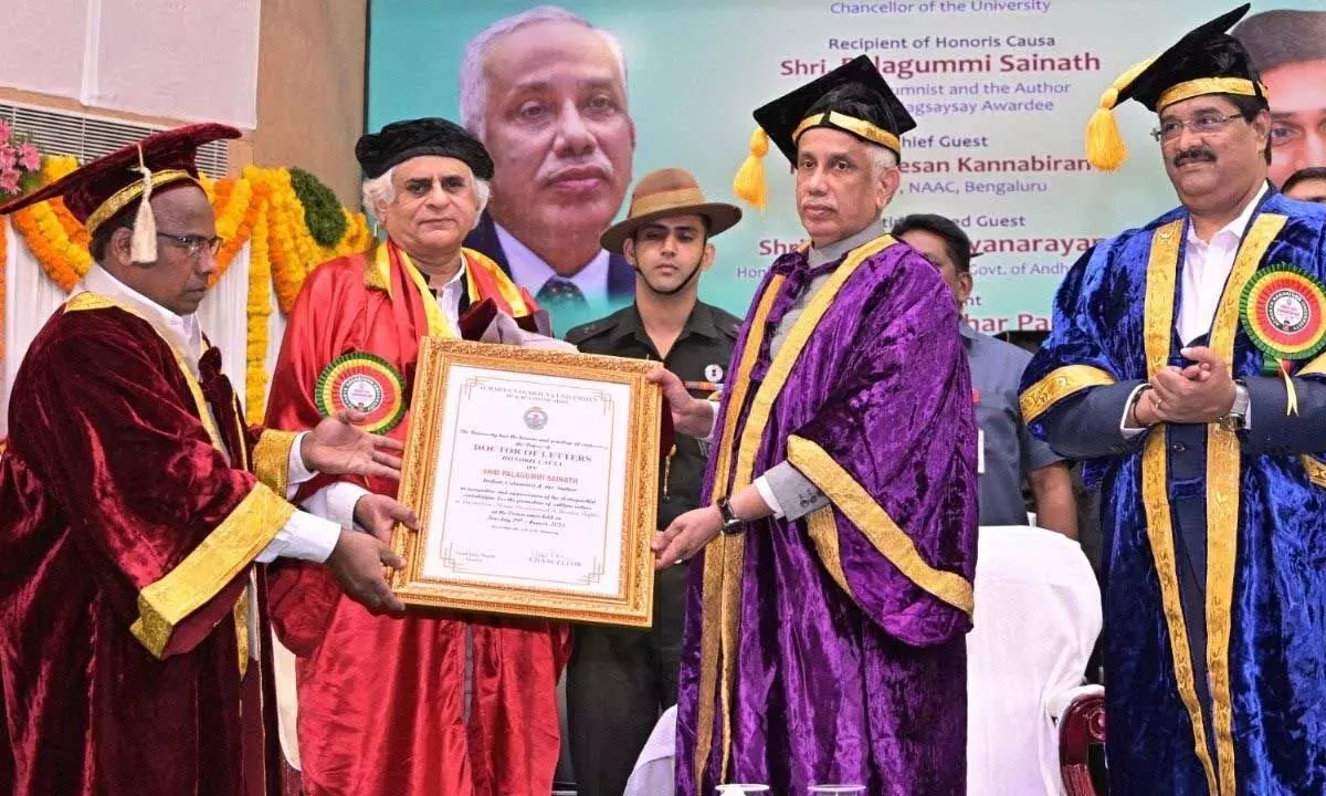 Governor Abdul Nazeer presenting honoris causa on Ramon Magsaysay awardee and senior journalist Palagummi Sainath at ANU 39th & 40th Convocation on Tuesday