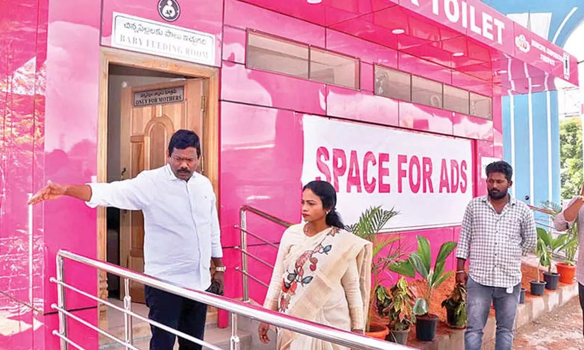 MCT Commissioner D Haritha inspecting the works at the upcoming Pink toilet complex in Tirupati on Tuesday. Corporation DE Vijay Kumar is also seen.