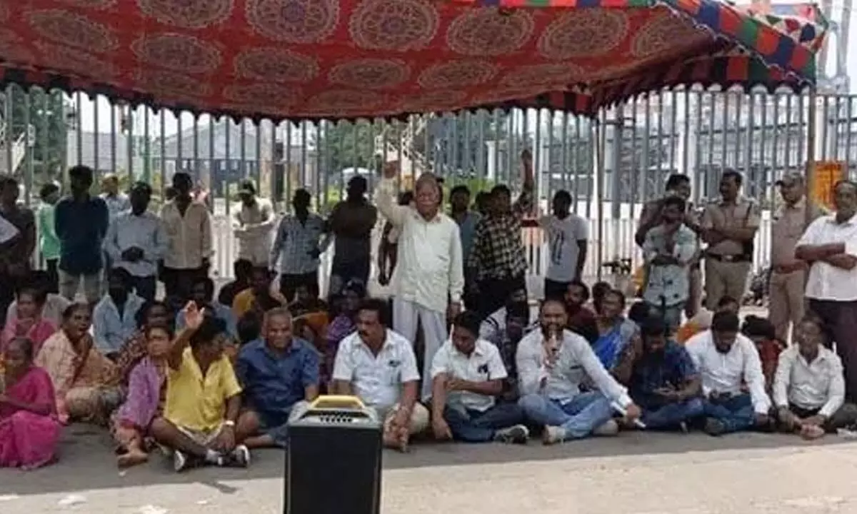 Fishermen staging a protest at the Visakha Container Terminal Private Limited in Visakhapatnam on Tuesday