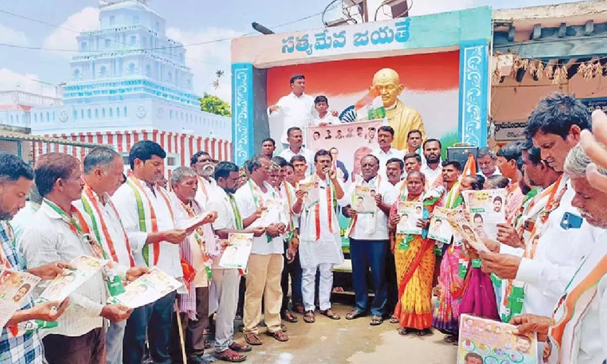 District Congress president G Madhusudhan Reddy speaking at an event organised the party office in Mahbubnagar on Tuesday