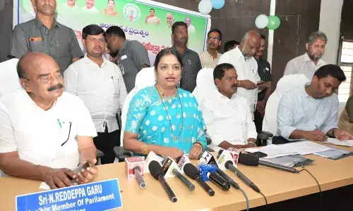 Women and Child Welfare Minister KV Ushashri Charan participating in a review meeting at the Collectorate in Chittoor on Tuesday. Deputy CM K Narayana Swamy, Chittoor MP N Reddappa and district Collector Shanmohan are also seen.