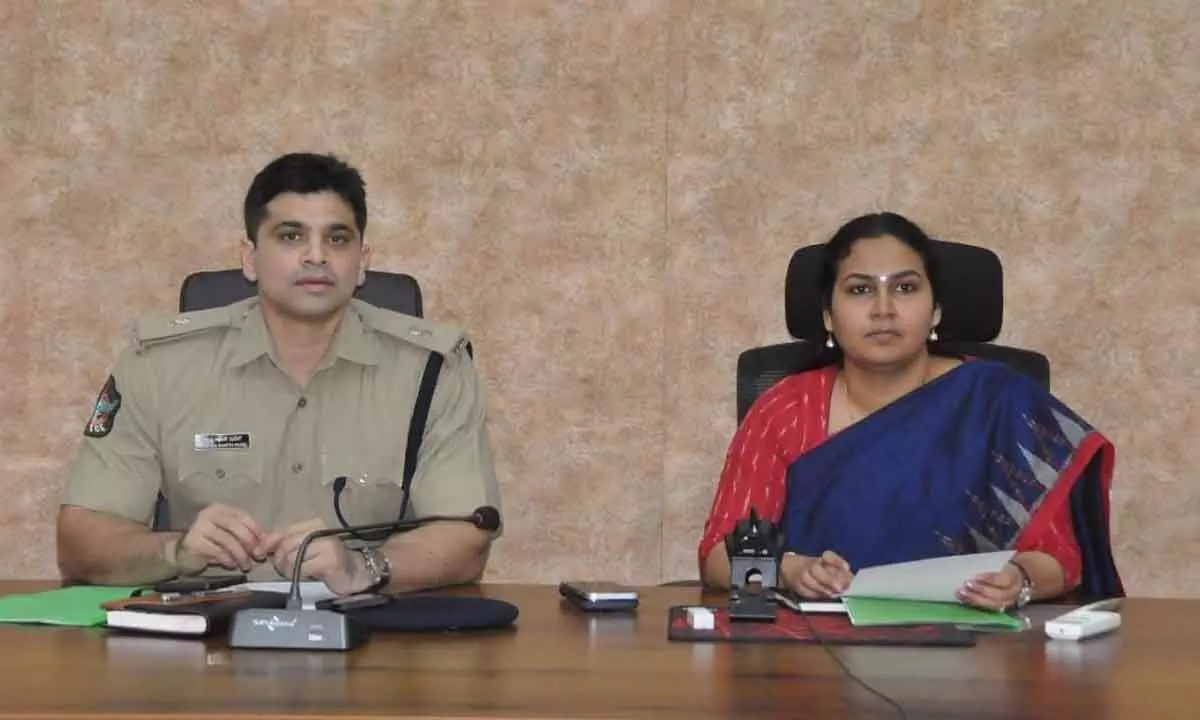 District in-charge collector Narapureddy Mourya and SEB Additional SP Krishna Kanth Patel  addressing a review meeting on drugs at the Collectorate mini-conference hall in  Kurnool on Wednesday