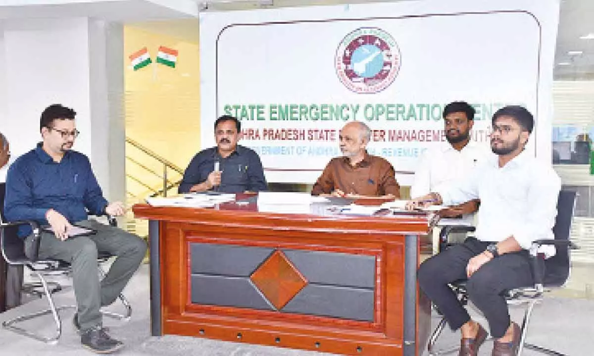 Uttar Pradesh State Disaster Management Authority officials visit the Andhra Pradesh State Disaster Management Authority office in Amaravati on Wednesday