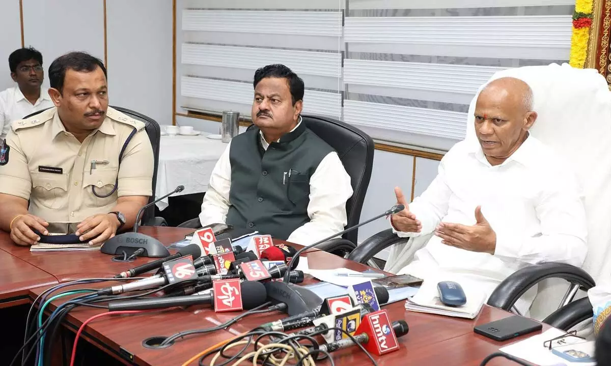 TTD EO A V Dharma Reddy speaking to the media at Tirumala on Thursday. Tirupati District collector  Venkataramana Reddy and SP Parameswara Reddy are also seen.