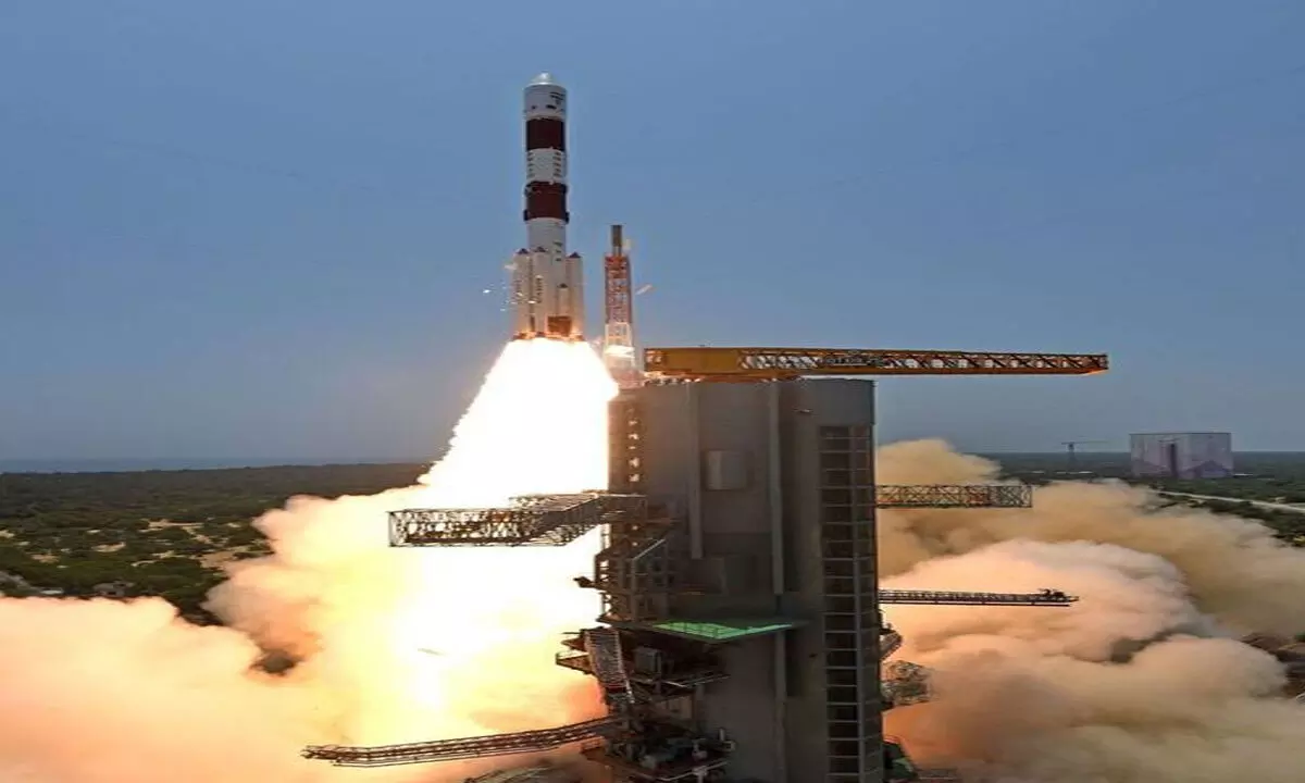ISROs launch vehicle PSLV-C57 rocket carrying Indias first solar mission, Aditya-L1, lifts off from the Satish Dhawan Space Centre, in Sriharikota on Saturday