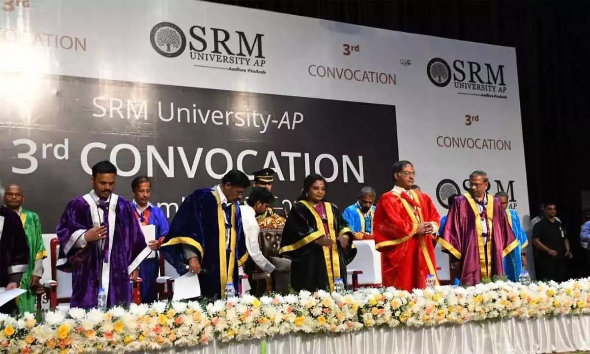 TS Governor Dr Tamilisai Soundararajan addressing the 3rd convocation of SRM University-AP on Saturday