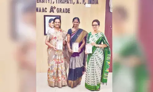 SPMVV V-C Prof D Bharathi, Registrar Prof N Rajini and Prof P Hari Padma Rani releasing English version of monograph ‘Chakrapani’ in Tirupati on Saturday.