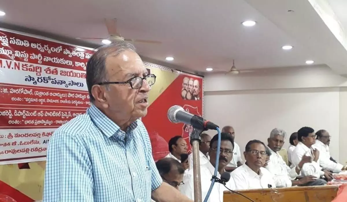 Human Rights activist Prof Haragopal addressing a meeting in Guntur on Sunday