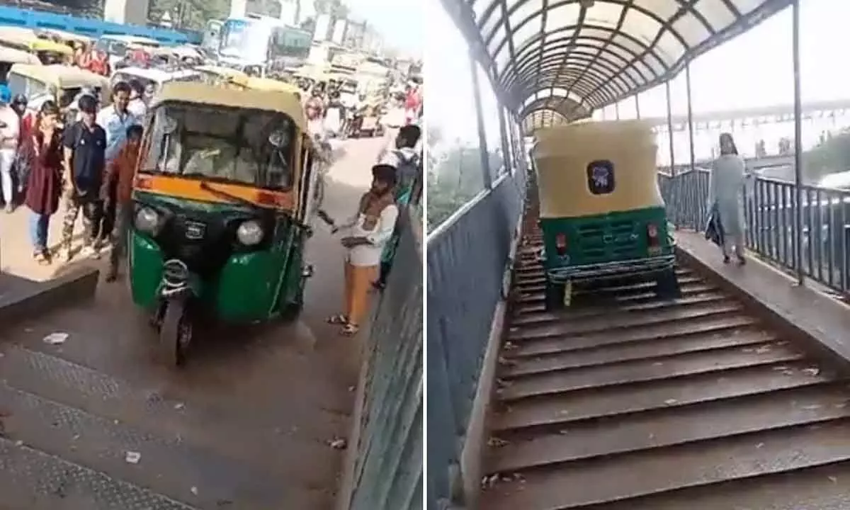 Delhi: Watch The Viral Video Of An Autorickshaw Driver Taking An Unconventional Route Onto A Crowded Foot Over A Bridge