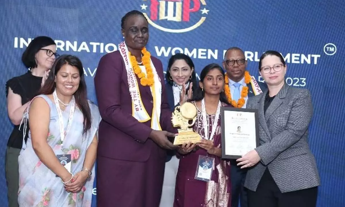 Sarpanch Ramagiri Lavanya receiving the Best Women International World Parliamentary Award in August for her efforts for the betterment of the village
