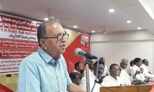 Human Rights activist Prof Haragopal addressing a meeting in Guntur on Sunday
