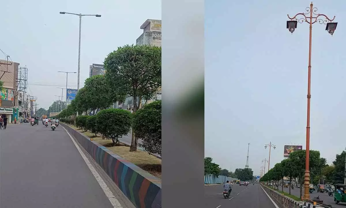 Old electric poles in Vijayawada city(Left); New poles with decorative lights being set up in Vijayawada(Right)