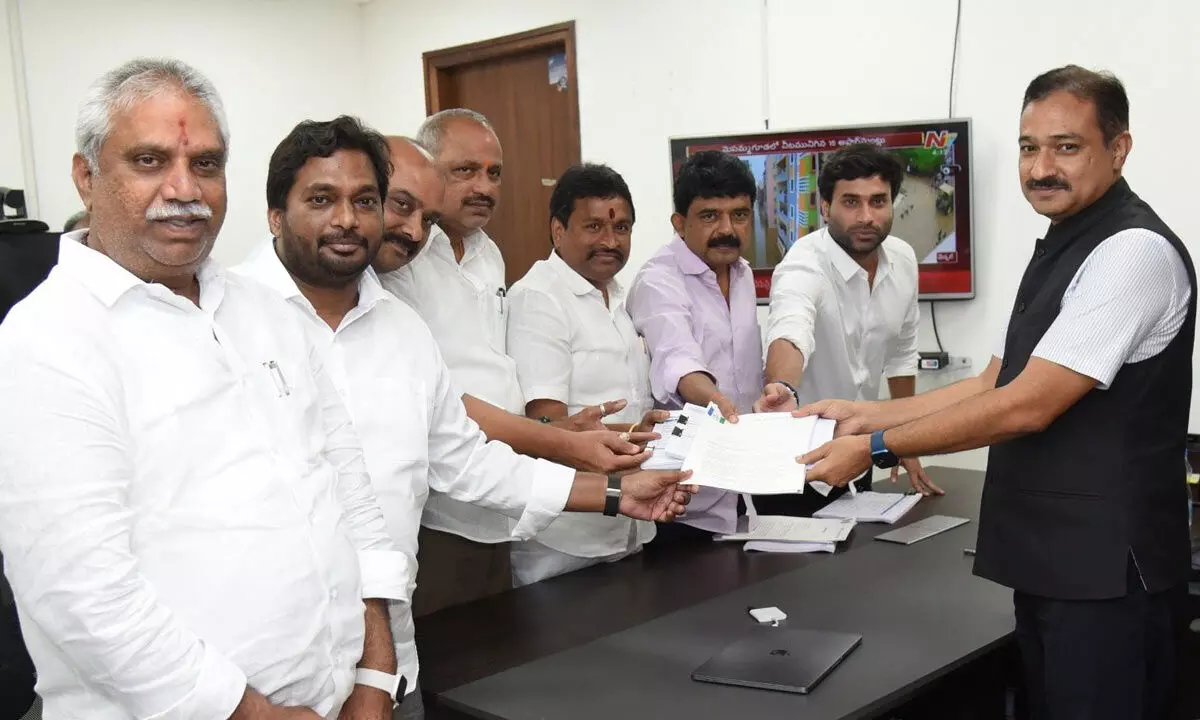 YSRCP leaders submit a memorandum to AP chief electoral officer Mukesh Kumar Meena seeking linking of voter card with Aadhaar to curb bogus voters, at the Secretariat on Tuesday