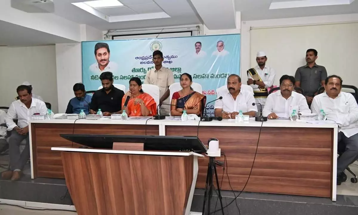 Home Minister Taneti Vanitha, District Collector K Madhavi Latha, ZP Chairman V Venu Gopal, Joint Collector N Tej Bharath, and others at IAAB meeting in Rajamahendravaram on Tuesday