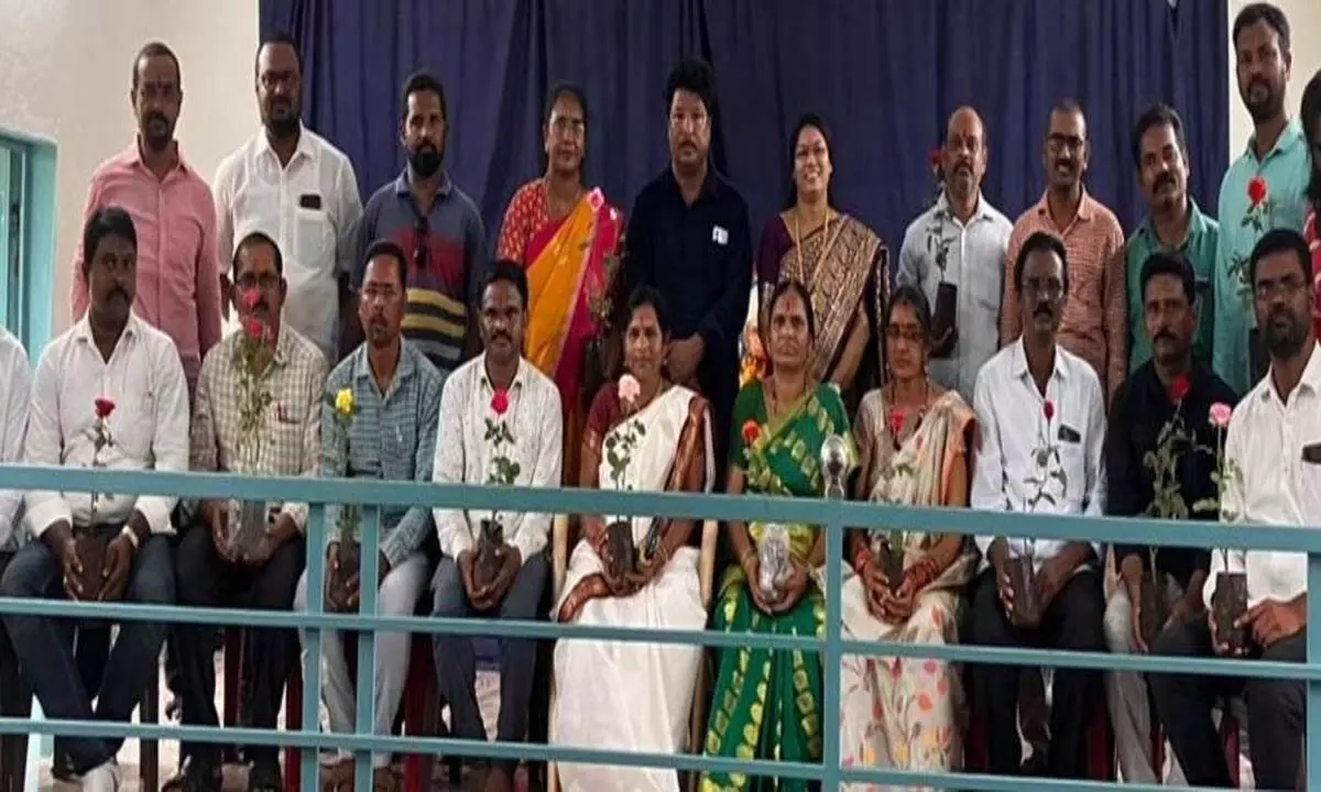 Green Army functionaries present rose plants to teachers at Chinna Badam high school in Palasa mandal on the occasion of Teachers’ Day on Tuesday
