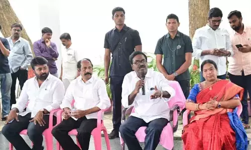 Minister for Transport Puvvada Ajay Kumar speaking to the media at his camp office in Khammam on Monday