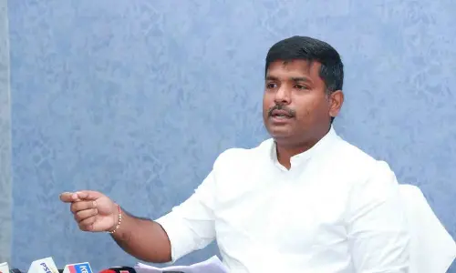 Industries minister Gudivada Amarnath addressing the media in Visakhapatnam on Monday