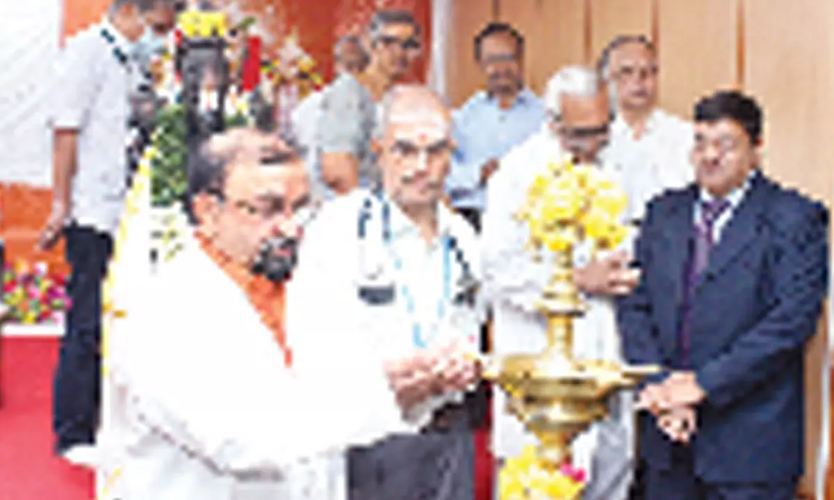 SVIMS Director Dr RV Kumar lighting the lamp to mark Teachers Day celebrations in Tirupati on Tuesday. Dean Dr Alladi Mohan is also seen.