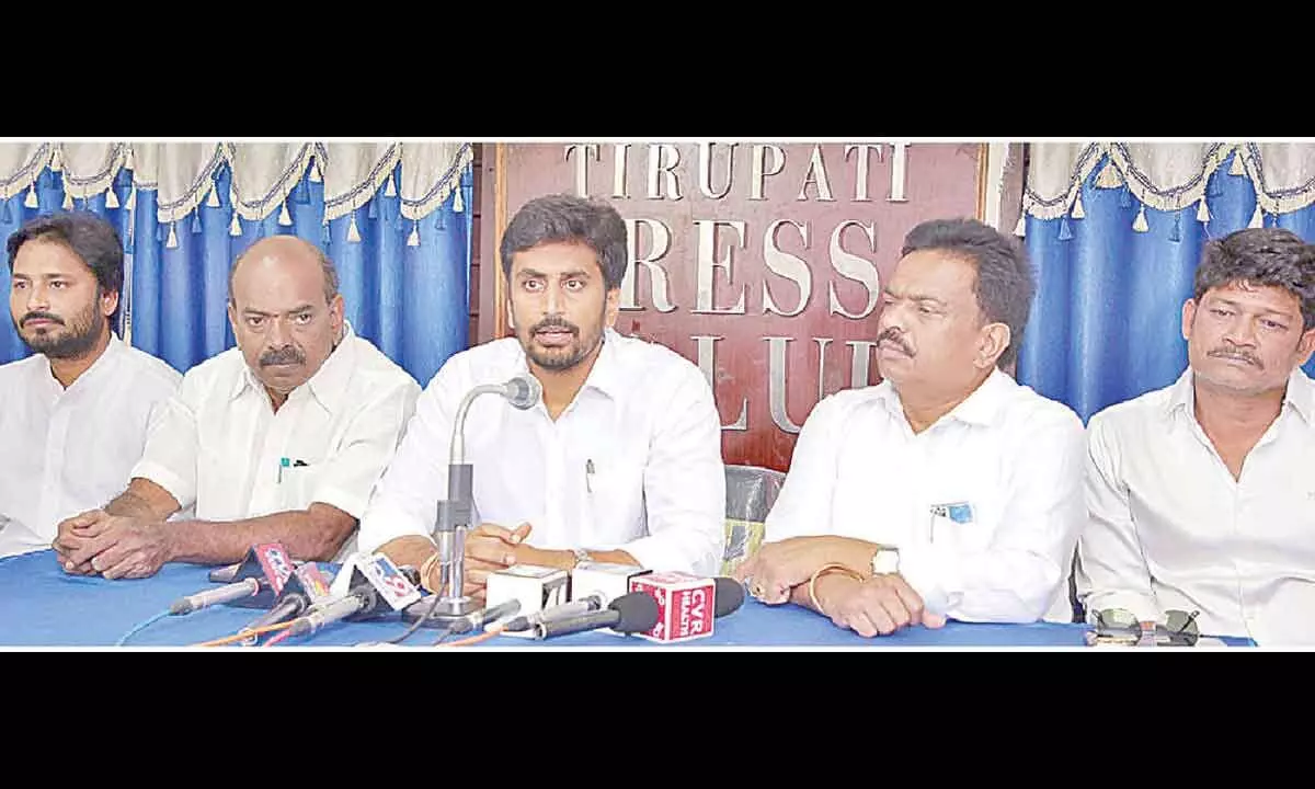 YSRCP youth leader and Corporation Deputy Mayor Bhumana Abhinay Reddy speaking to media over TTD financial support to the corporation, in Tirupati on Wednesday