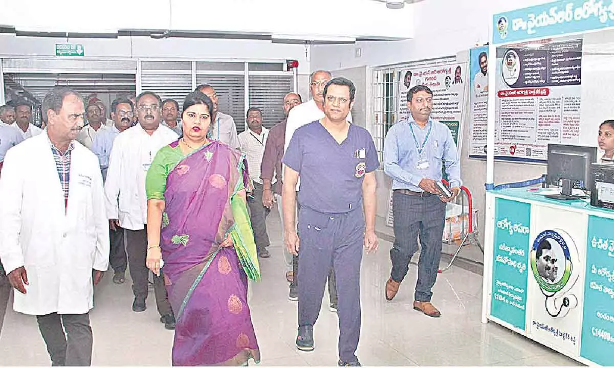 TTD JEO (H&E) Sada Bhargavi along with BIRRD OSD Dr Reddeppa Reddy inspecting the facilities at BIRRD Hospital in Tirupati on Wednesday