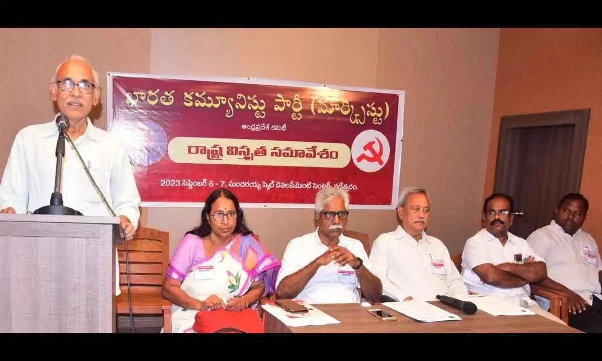 CPM politburo member  B V Raghavulu addressing party leaders at a meeting in Vaddeswaram in Guntur district on Wednesday