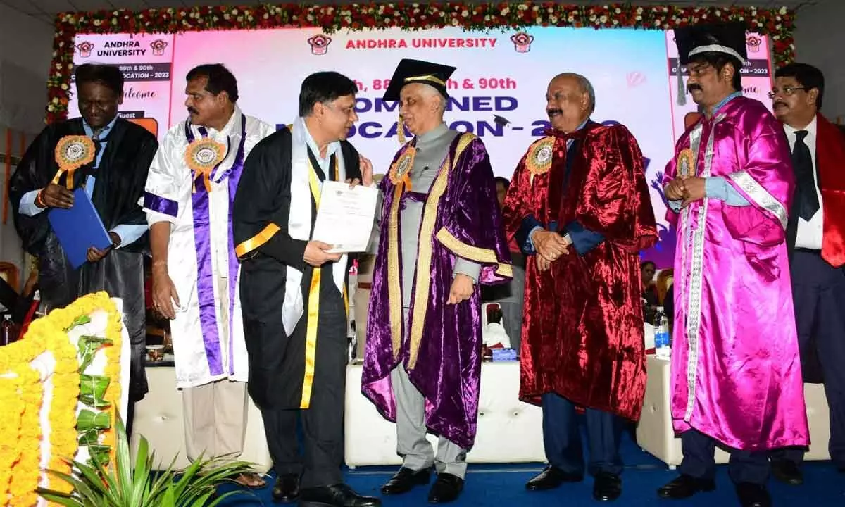 Chairman and managing director of HPCL Pushp Kumar Joshi receiving Ph.D degree and Prof Vallabhaneni Ramakrishna Rao Endowment prize for the year 2019 during the combined convocation held at Andhra University in Visakhapatnam on Saturday