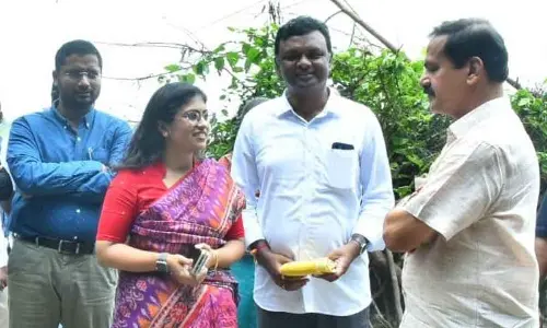 Chief Whip D Vinay Bhaskar, Hanumakonda district collector Sikta Patnaik and KUDA chairman Sunder Raj Yadav discuss the progress of Kakatiya Musical Garden in Warangal on Saturday