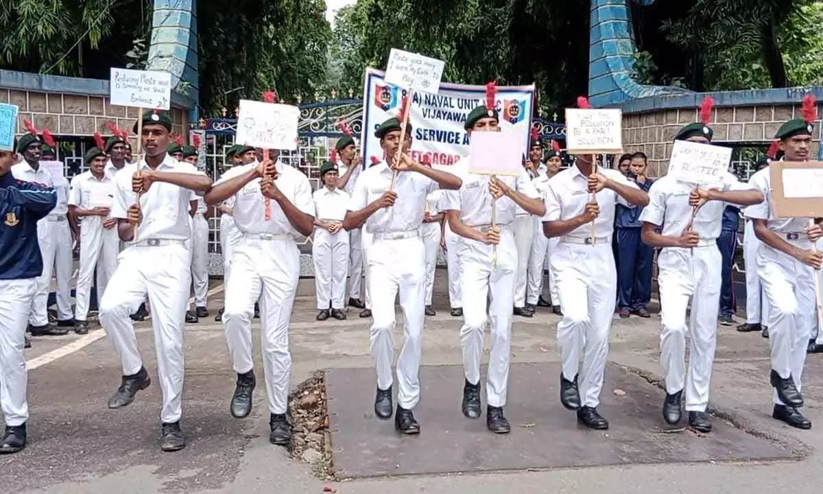 NCC cadets taking out a rally in Vijayawada on Sunday