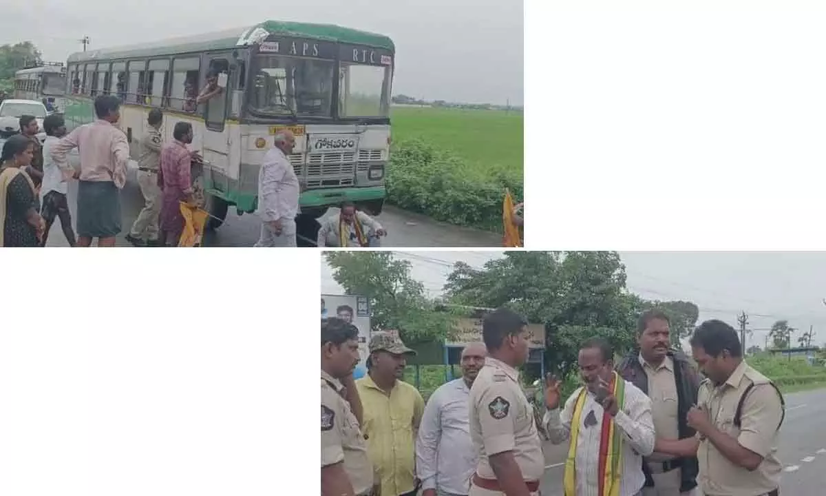 TDP workers tried to stop RTC bus at gadala near Rajahmundry 
