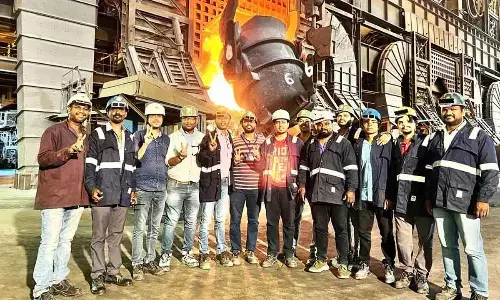 RINL team at the converter-1 of SMS-2 in a jubilant mood on achieving the feat in Visakhapatnam