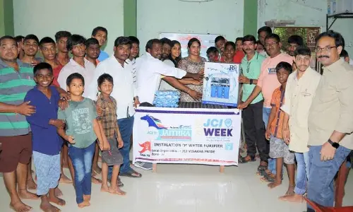 The JCI Visakha Pride Chapter representatives donating a water purification unit to Chaitanya ashram on Sunday